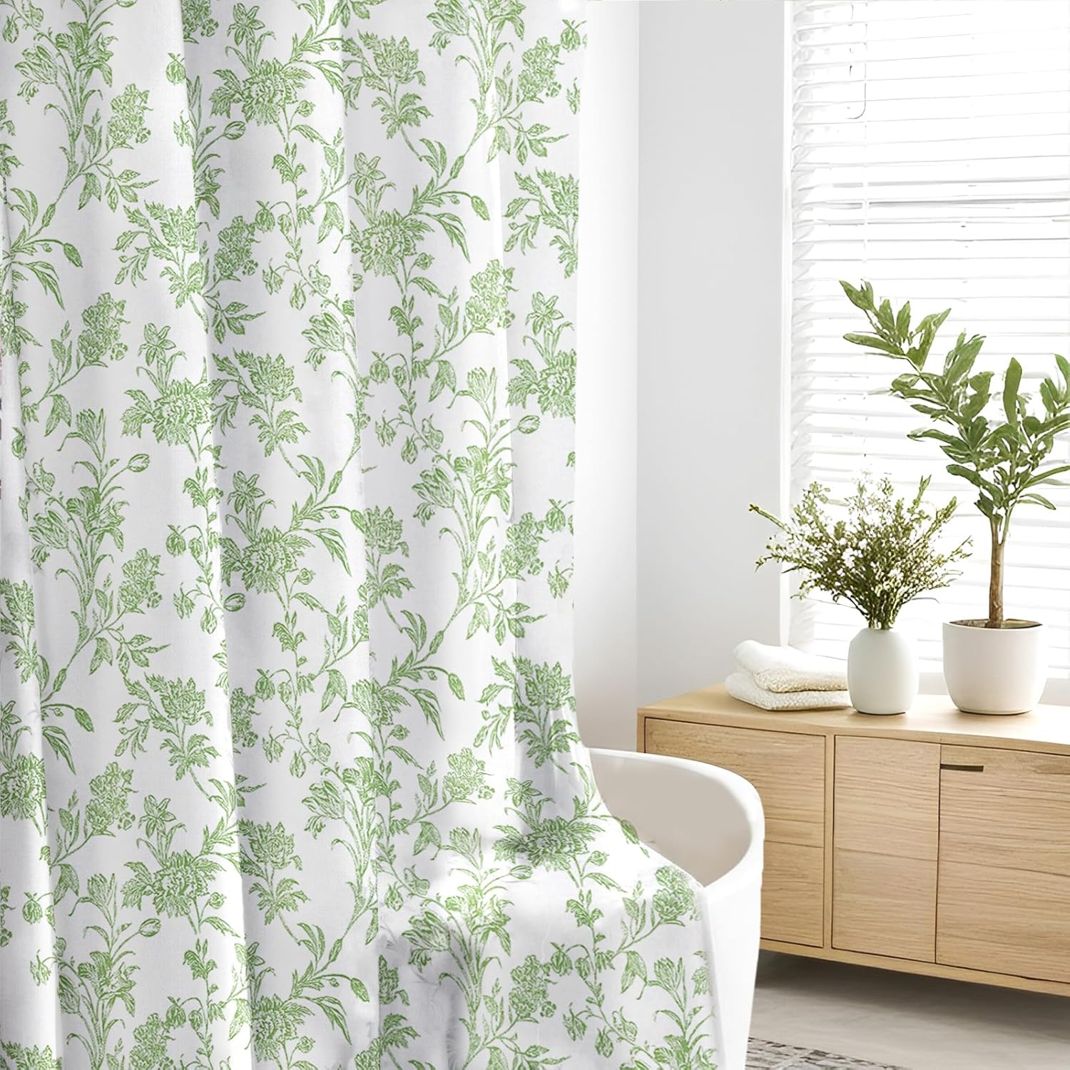 Seorsok Green Shower Curtain,Sage Floral Cotton Linen Cottagecore,Elegant Floral Fabric Shower Curtain Machine Washable Waterproof Bathroom Decor 72'Wx72'L inches
