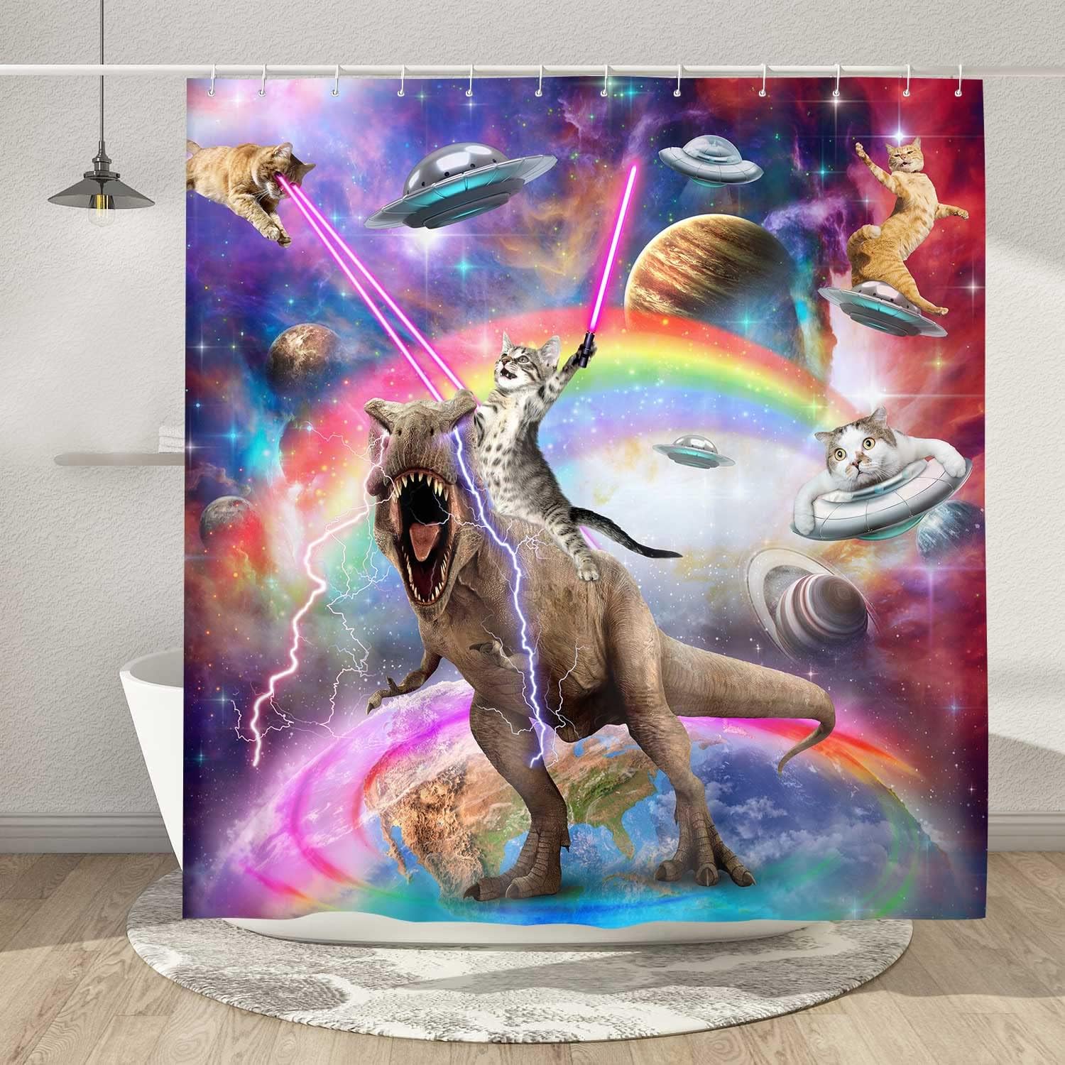 Funny Cat Shower Curtain Boys Kids Bathroom Decor, Cool Riding Dinosaur On Fantasy Galaxy Hilarious Curtain, Funky Outer Space Universe Anime Fabric with 12PCS Hooks, 70X75IN