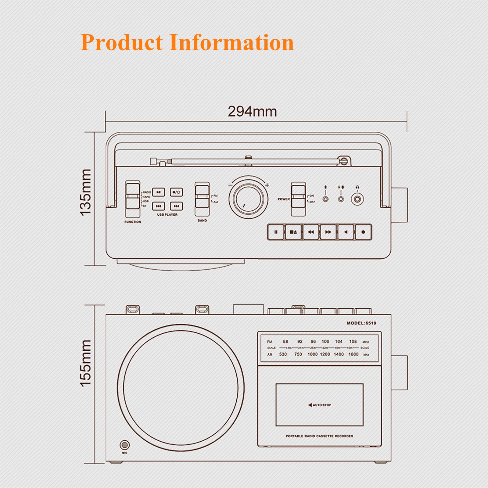 Lettore di cassette Bluetooth, radio e registratore nostalgici, riproduzione USB, trasferimento di cassette, supporta formati MP3/WMA/WAV per la riproduzione e la registrazione di musica