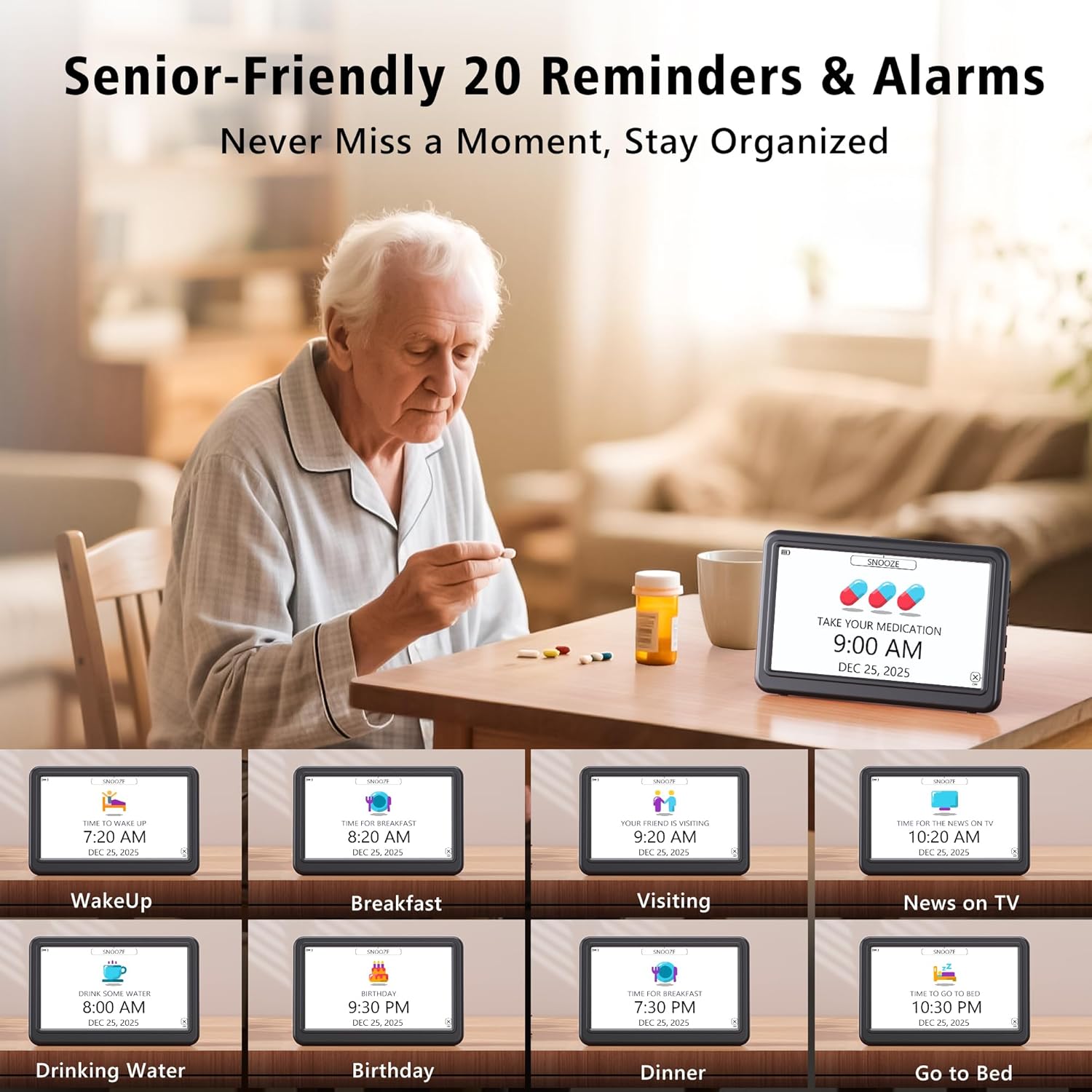 Rechargeable Digital Calendar Alarm Clocks for Senior, 7" Clock with Day and Date for Elderly, 20 Reminders & Alarms, Auto Dimmer/DST, 12 Themes, 18 Ringtones for Dementia Memory Loss, 1024*600 HD