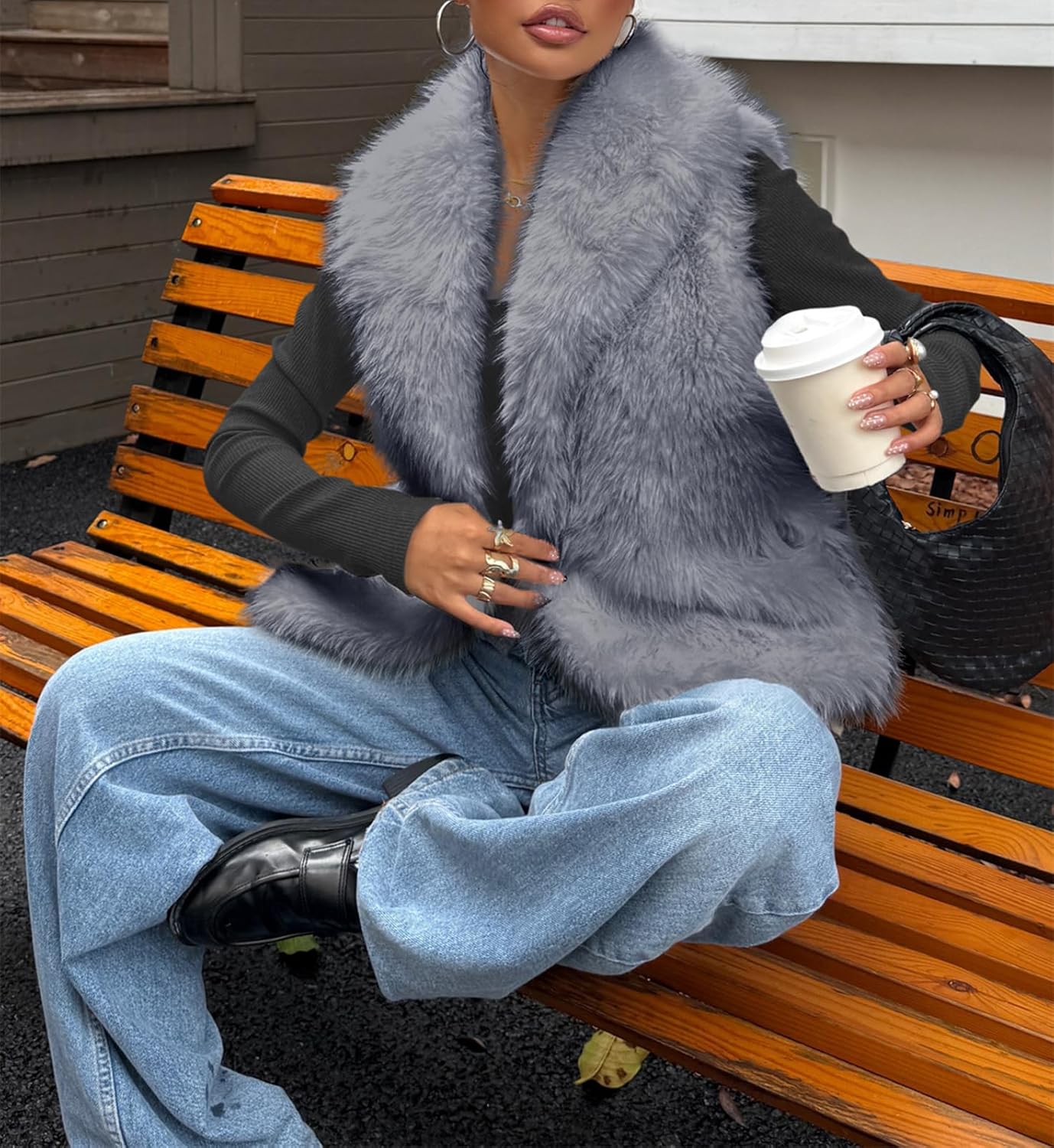 Womens Faux Fur Vest Collar Sleeveless Open Front Cardigan Top Fuzzy Coats Jacket Fluffy Outwear - Image 6