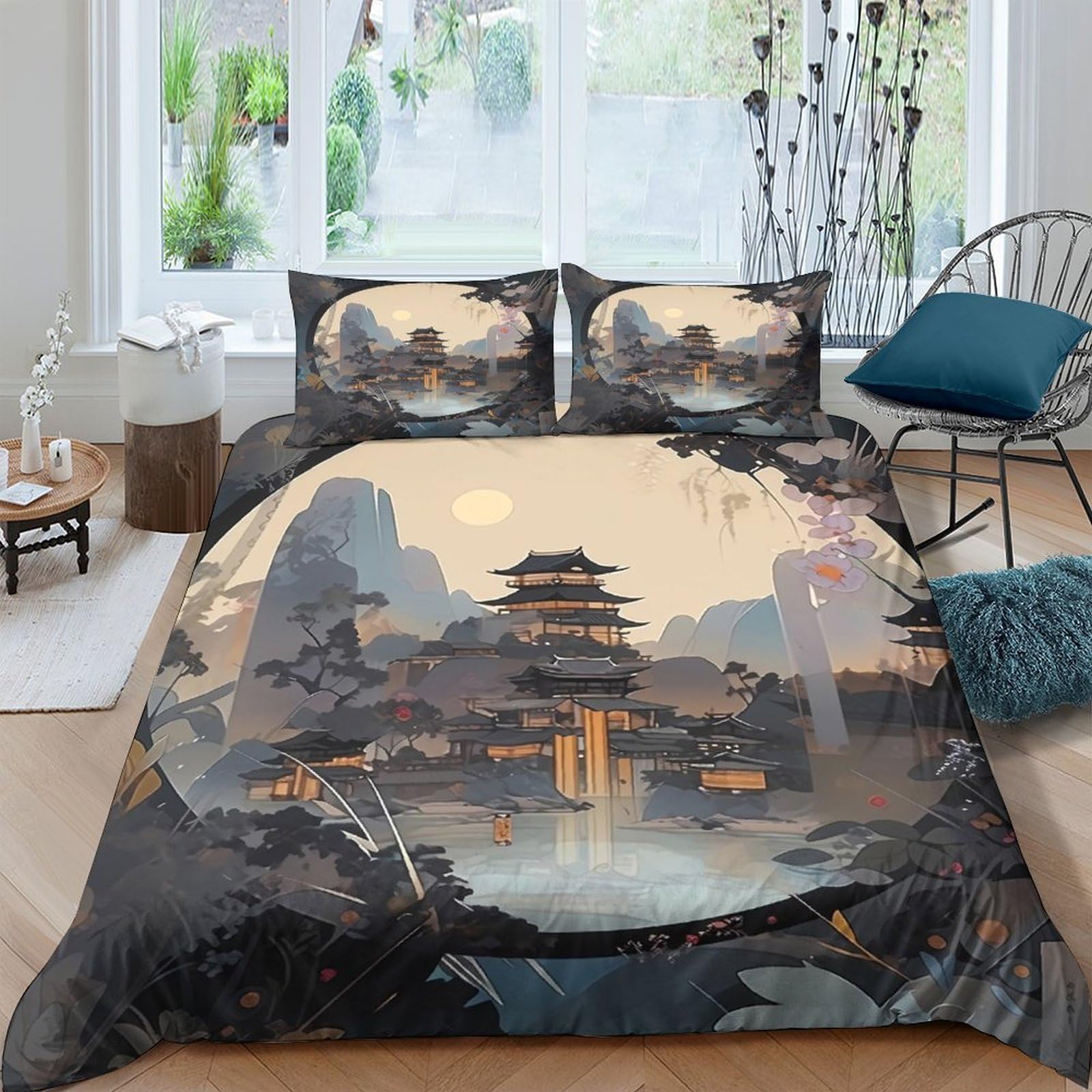 Ctjqhvkz Style-1 3D Printed Oriental Landscape Fitted Sheet Microfiber Soft Pagoda Scene Mattress Cover For Bedroom Guest Room Decor Single（135X200cm）