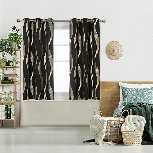 Miniatura 2 de Deconovo - Cortinas opacas con diseño dorado estampado y ojales, ondasnegro, de 42 pulgadas de ancho x 63 pulgadas de largo