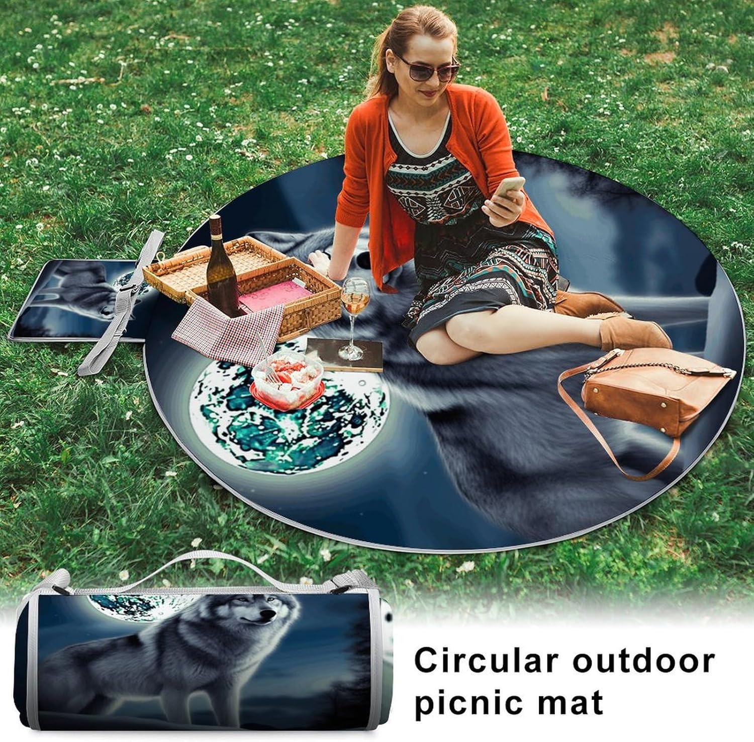 Wolf Under Moon Picnic Mat Lightweight Waterproof Picnic Blankets Extra Large Picnic Outdoor Blankets Foldable Sandproof Beach Blanket for Park Beach Camping Courtyard 58.3''x58.3''