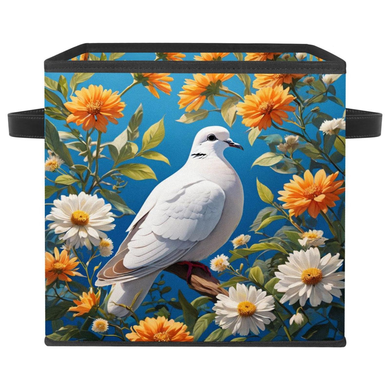 Grand cube de rangement pliable en tissu avec poignées en cuir, motif colombe