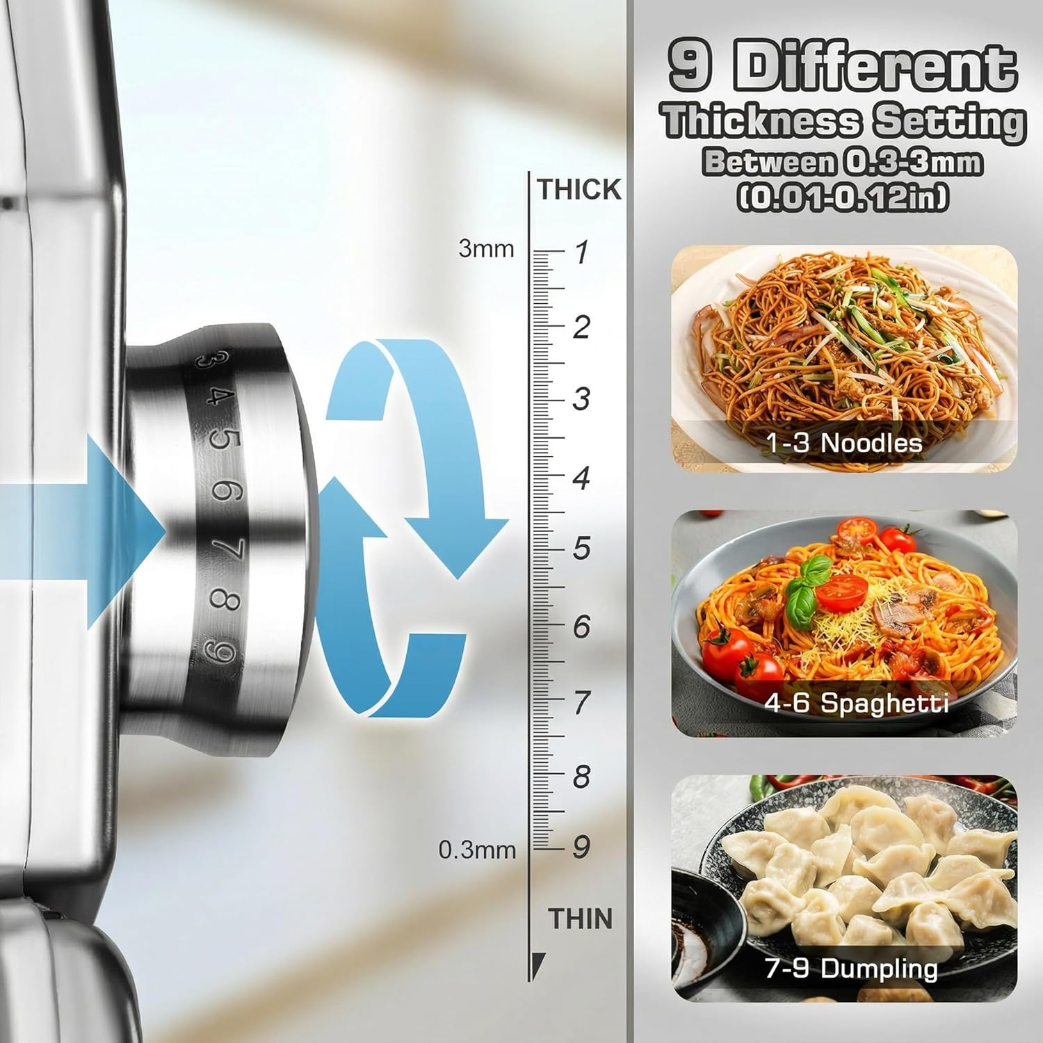 Sailnovo Pasta Maker Machine, 180 Roller Pasta Maker, 9 Adjustable Thickness Settings 2-in-1 Noodles Maker with Rollers and Cutter, Perfect for Spaghetti, Fettuccini, Lasagna or Dumpling Skin Silver thumbnail