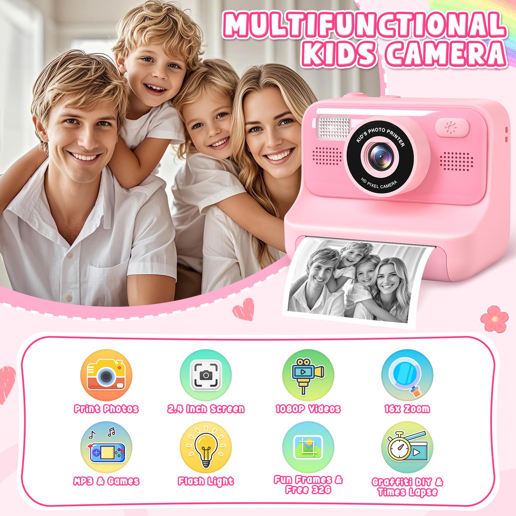 Subtail Camara Fotos Infantil Instantanea - 2,4 1080P Cámara Instantánea para Niños con Papel de Impresión | Tarjeta de 32G - Camara Fotos Infantil Regalos de Juguete para Niños Niñas 3-12 Años