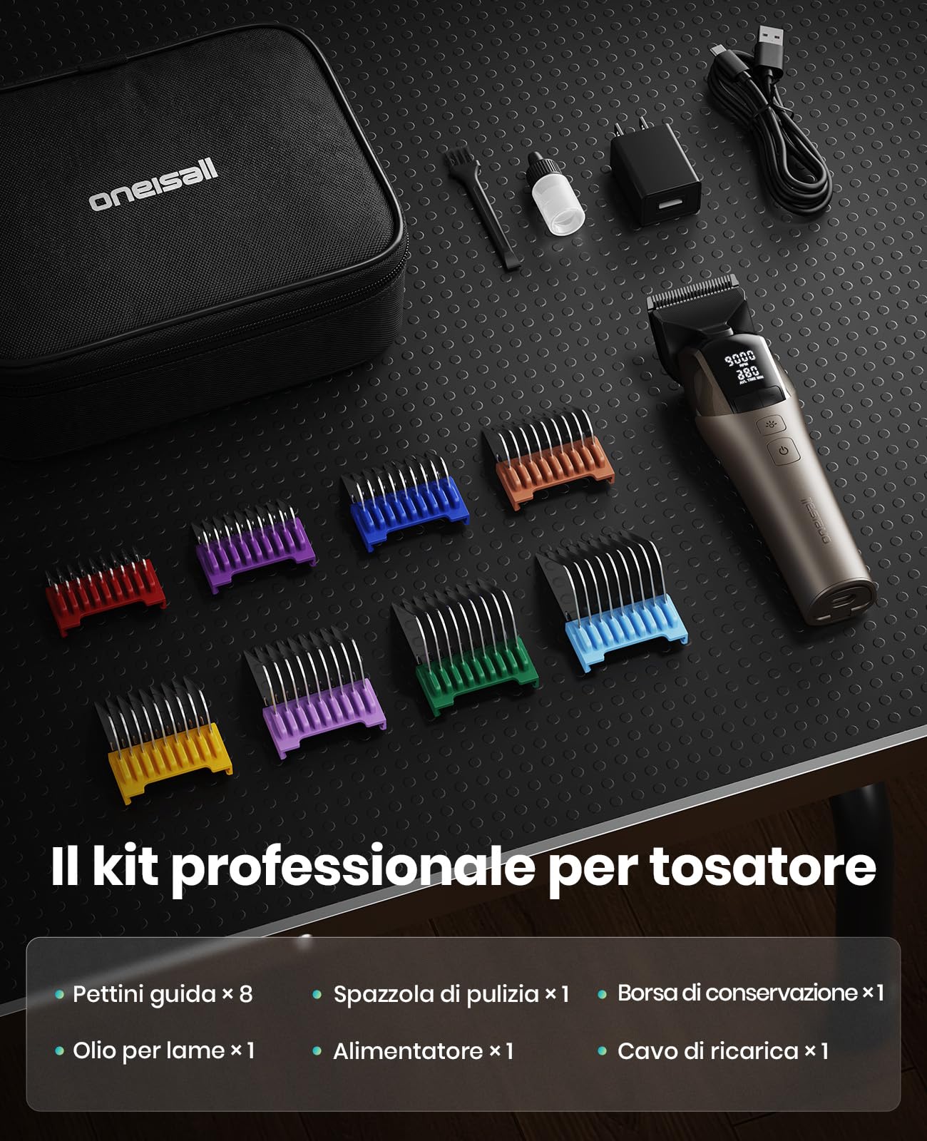 oneisall Tosatrice per Cani Professionale | 9000 RPM 5 velocità per mantelli spessi, lama 5-in-1 DLC, autonomia 280 min, silenzioso, con 8 pettini guida in metallo