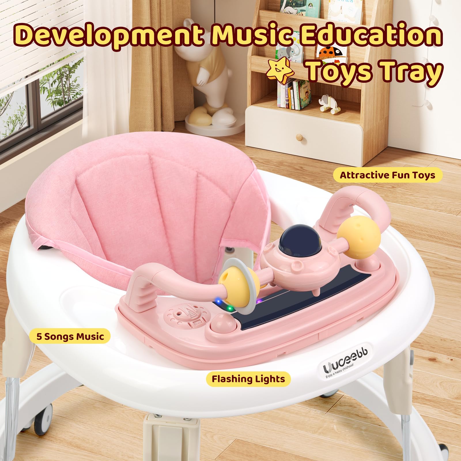Baby Lauflernhilfe mit Musik und Lichtern, Faltbare Lauflernwagen mit Aktivitätscenter, 7-Gang Höhenverstellung, Anti-Collision Design, Abnehmbarer Platte, Baby Walker von 6-18 Monaten (Rosa-Musik)