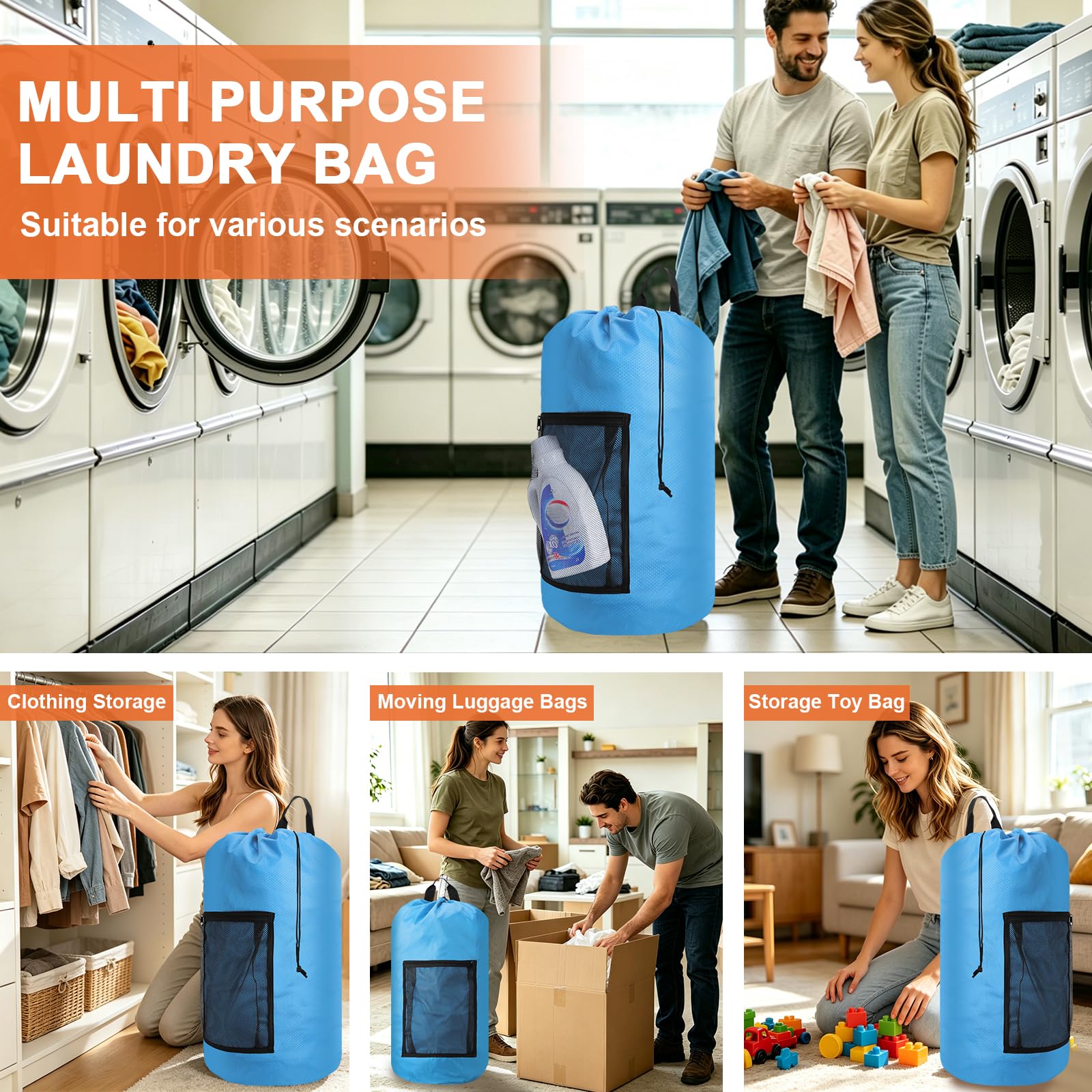 Bolsa de lavandería duradera con correas para los hombros y bolsillos de malla, bolsa portátil para ropa sucia para dormitorio universitario (azul)