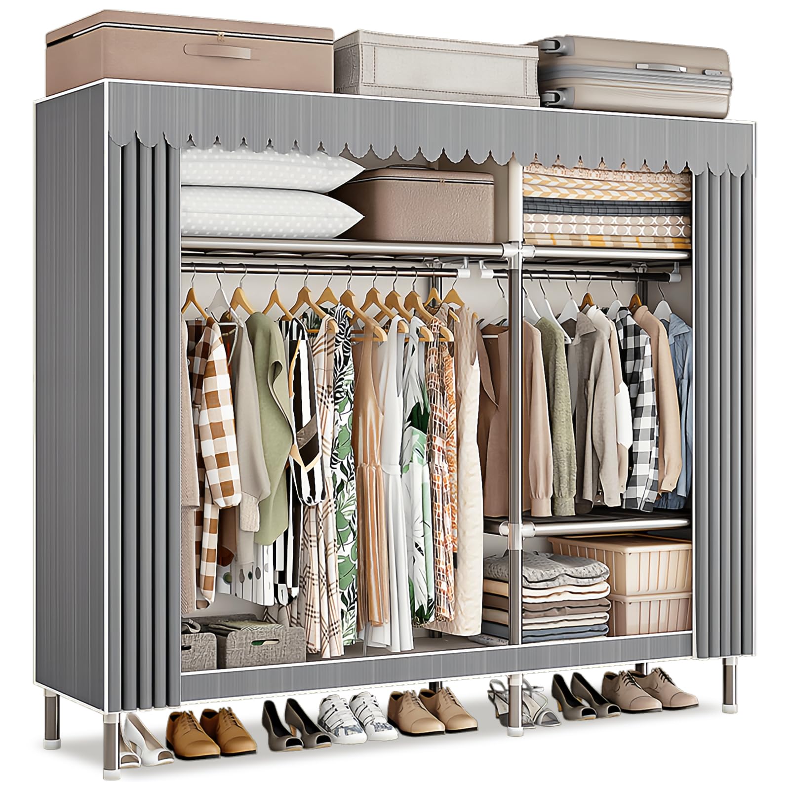 Dictstarst Portable Wardrobe Canvas Wardrobes for Bedroom, Equipped with Durable Alloy Steel Joints and Oxford Cloth, Wardrobe Shelves with 800kg Load-bearing Capacity, Pop-up Wardrobe, Gray