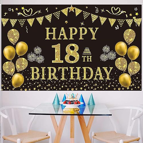 Miniatura 2 de Cartel de fondo de feliz cumpleaños 18 para decoración de cumpleaños de 18 años, póster negro y dorado para fiesta de cumpleaños de niños y hombres