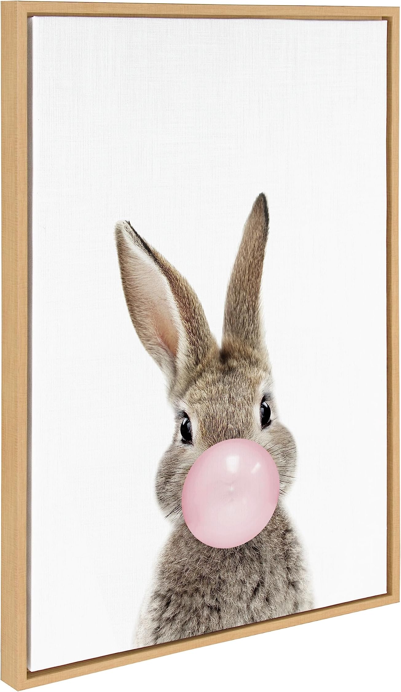 Kate and Laurel Sylvie Bubble Gum Bunny Framed Canvas Wall Art by Amy Peterson Art Studio, 23x33 Natural, Cute Whimsical Animal Art for Wall
