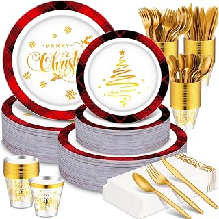 Layhit 350 Pcs Christmas Disposable Plates Set, Plastic Christmas Dinnerware for 50 Guests, Disposable Plates, Plastic Silverware, Holiday Napkins, Cups for Xmas Party Supplies (Black Red)