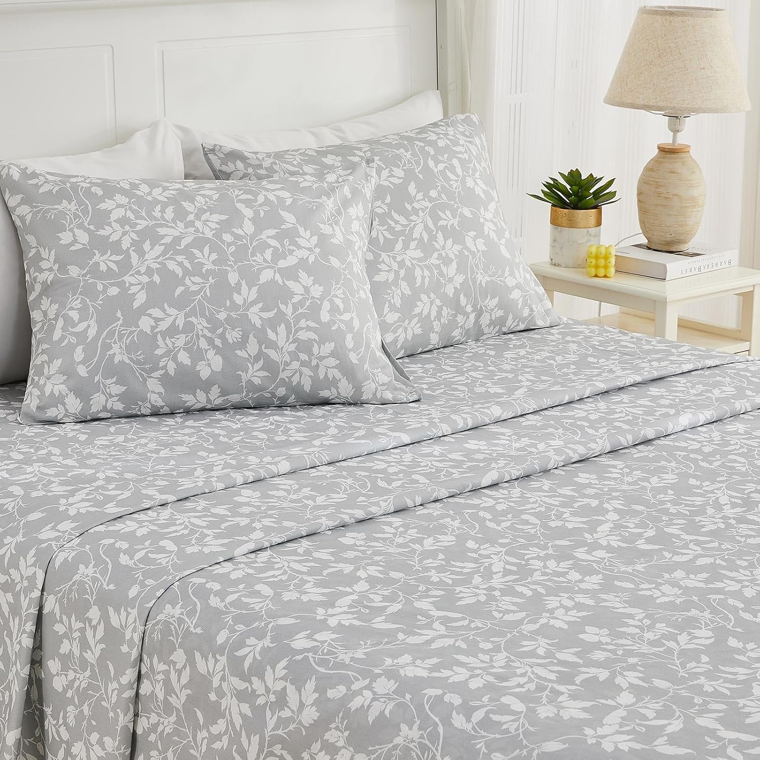 Gogreen 100% Cotton Sheet Set Twin-XL Size, Gray Floral, 3PC Set, Breathable Bed Sheet for Hot Sleeper and Night Sweats, Deep Pocket Up to 16 Inches