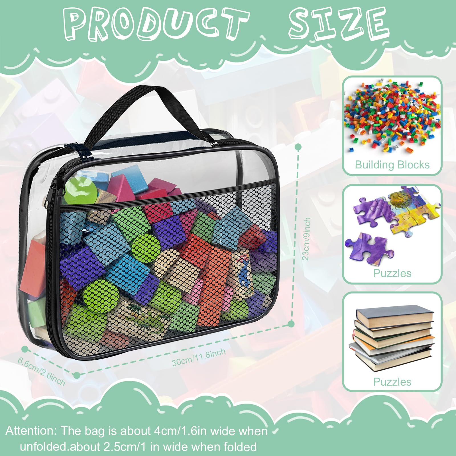 Juego de 4 Fundas Organizadoras de PVC para Juguetes, Neceser con Cremallera y Bolsillos Laterales de Red para Juguetes de Baño, Puzzles y Bloques de Construcción (L 23x8x30 cm)