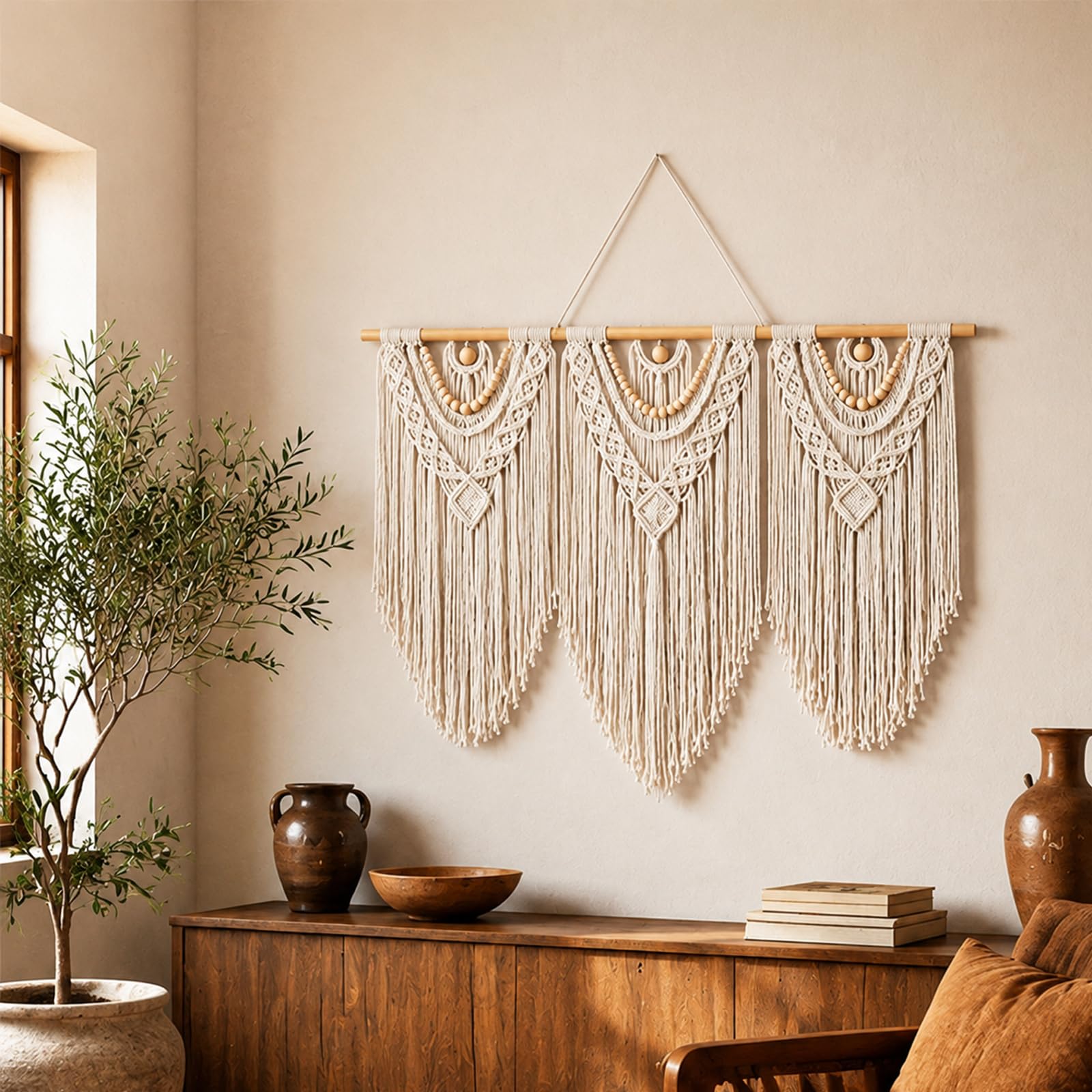 Großer Makramee-Wandbehang, Baumwolle, handgewebt, Boho-Tapisserie, Wanddekoration, Heimdekoration für Schlafzimmer, Wohnzimmer, Wohnung, Kinderzimmer (weiß, Perle)