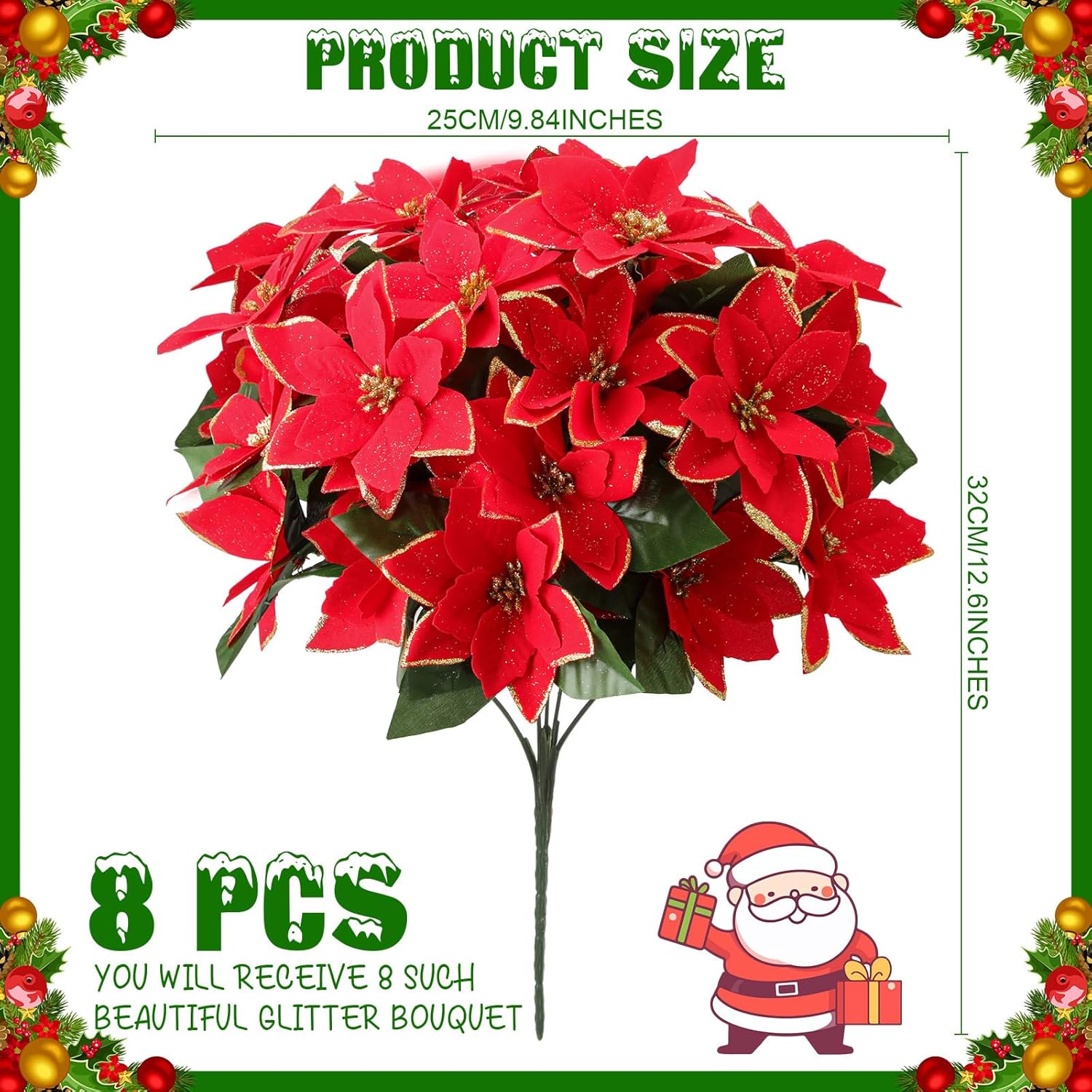Hotop 8 Bundles Christmas Glitter Poinsettia Artificial Bushes 12.6 Inch Poinsettia Flowers Bushes Christmas Decorations Ornaments for Indoor Outdoor (Red with Gold Edge)