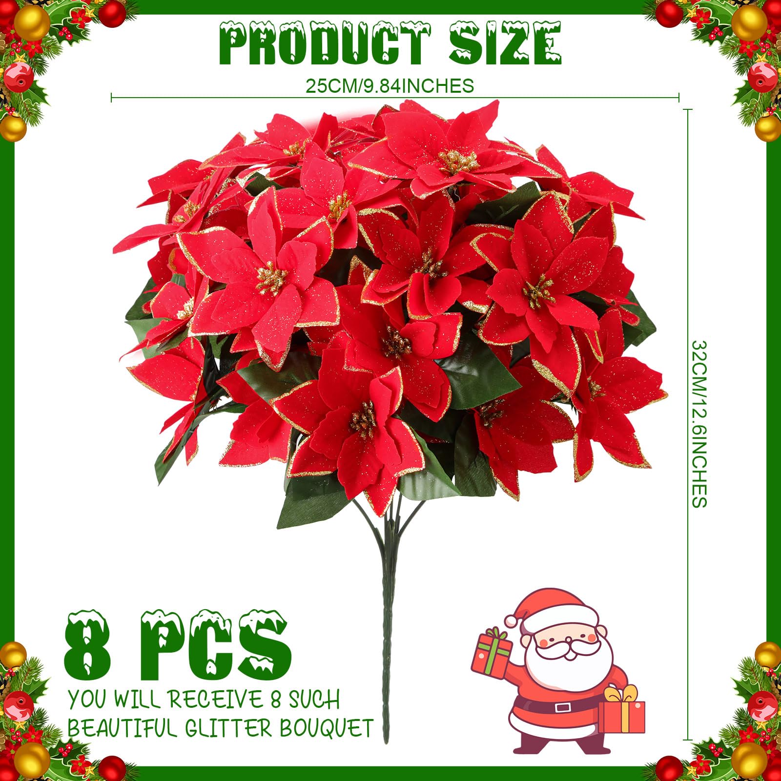 Hotop Künstliche Sträucher mit Glitzer, Weihnachtsstern, 32,6 cm, Weihnachtsstern, Sträucher, Weihnachtsdekoration, Ornamente für drinnen und draußen, Rot mit Goldrand, 8 Bündel