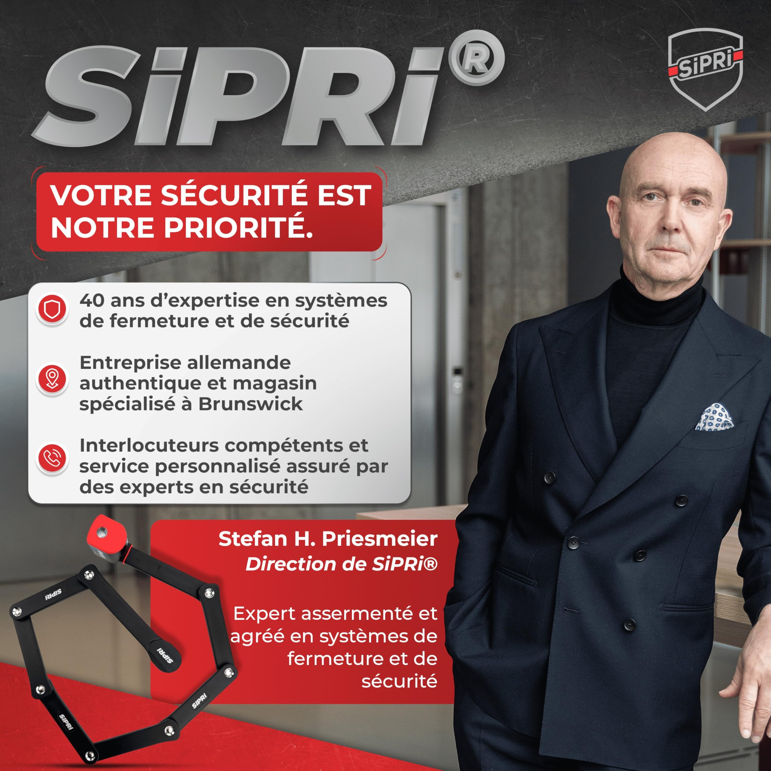 SIPRI Antivol pliable pour vélo, avec alarme, 120 dB, haute sécurité | vélo électrique, scooter électrique, moto, acier 8 mm, 116 cm, résistant aux intempéries, robuste, clé