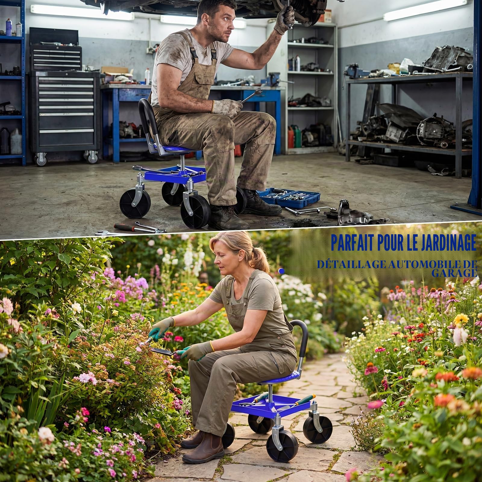 Tabouret de jardin à roulettes avec siège pivotant à 360° et roulettes pivotantes à 360 ° - Charge maximale : 150 kg - Hauteur réglable (51 à 61 cm) - Siège de jardin avec gants pour désherbage