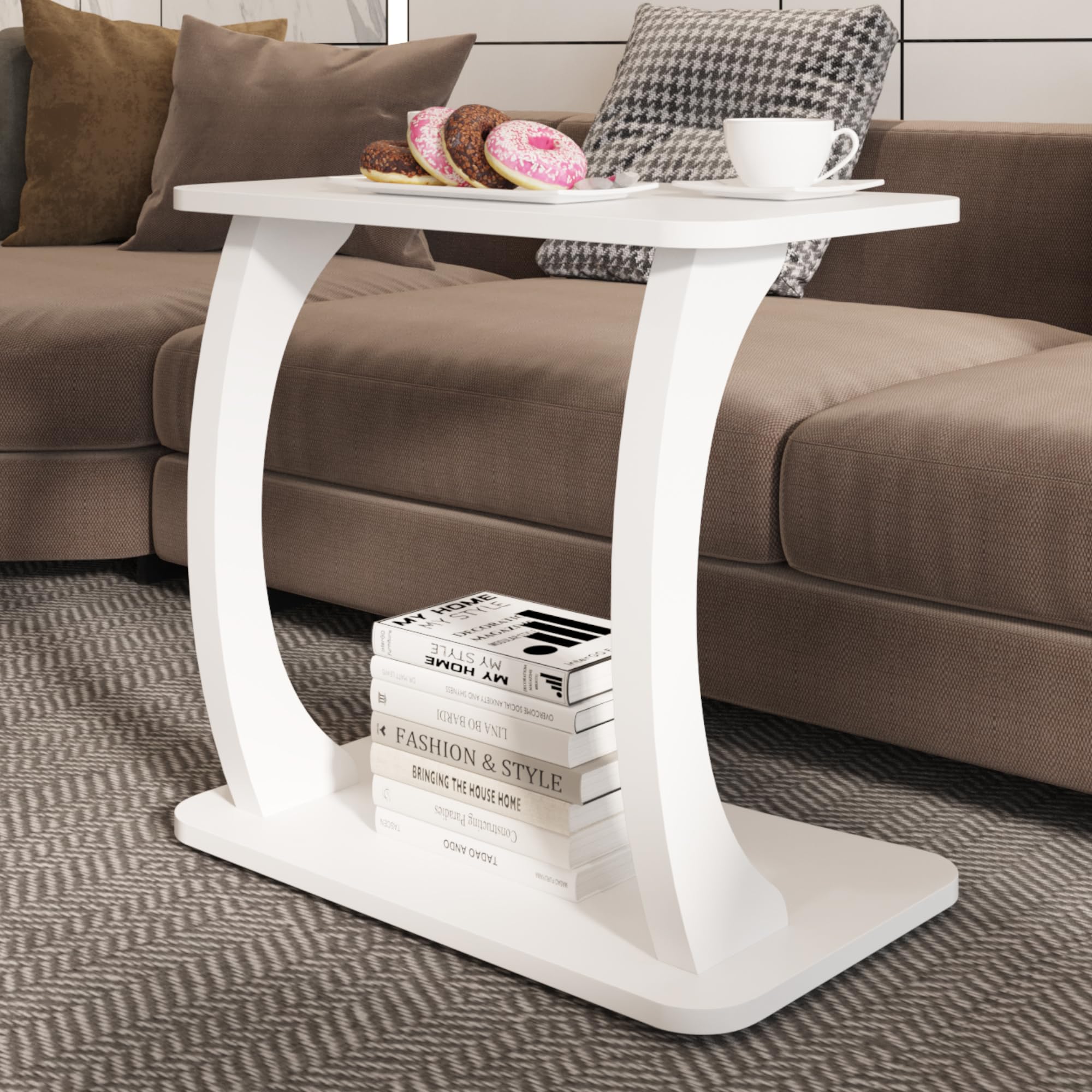 [en.casa] Stolik pomocniczy Stattela stolik kawowy w kształcie litery C, stolik nocny 59 x 35 x 56 cm, stolik do salonu, stolik pod łóżko z 4 kółkami, prostokątny, biały