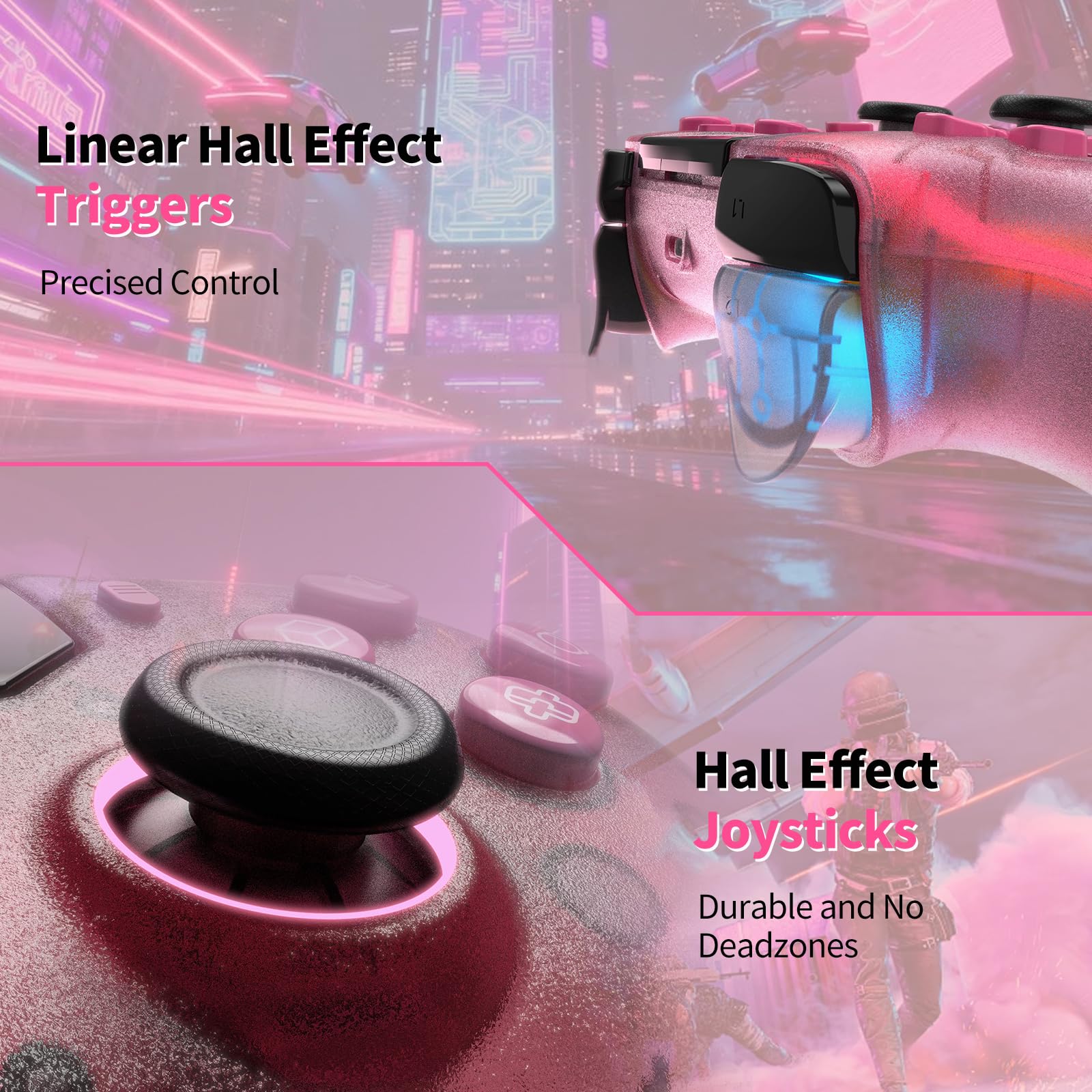 linhugame Controller wireless per P5/Pro/Slim/PC, con guscio trasparente/luce nastro RGB/Joyticks effetto Hall e trigger/Macro/Turbo/jack audio da 3,5 mm/altoparlante e microfono/gamepad batteria