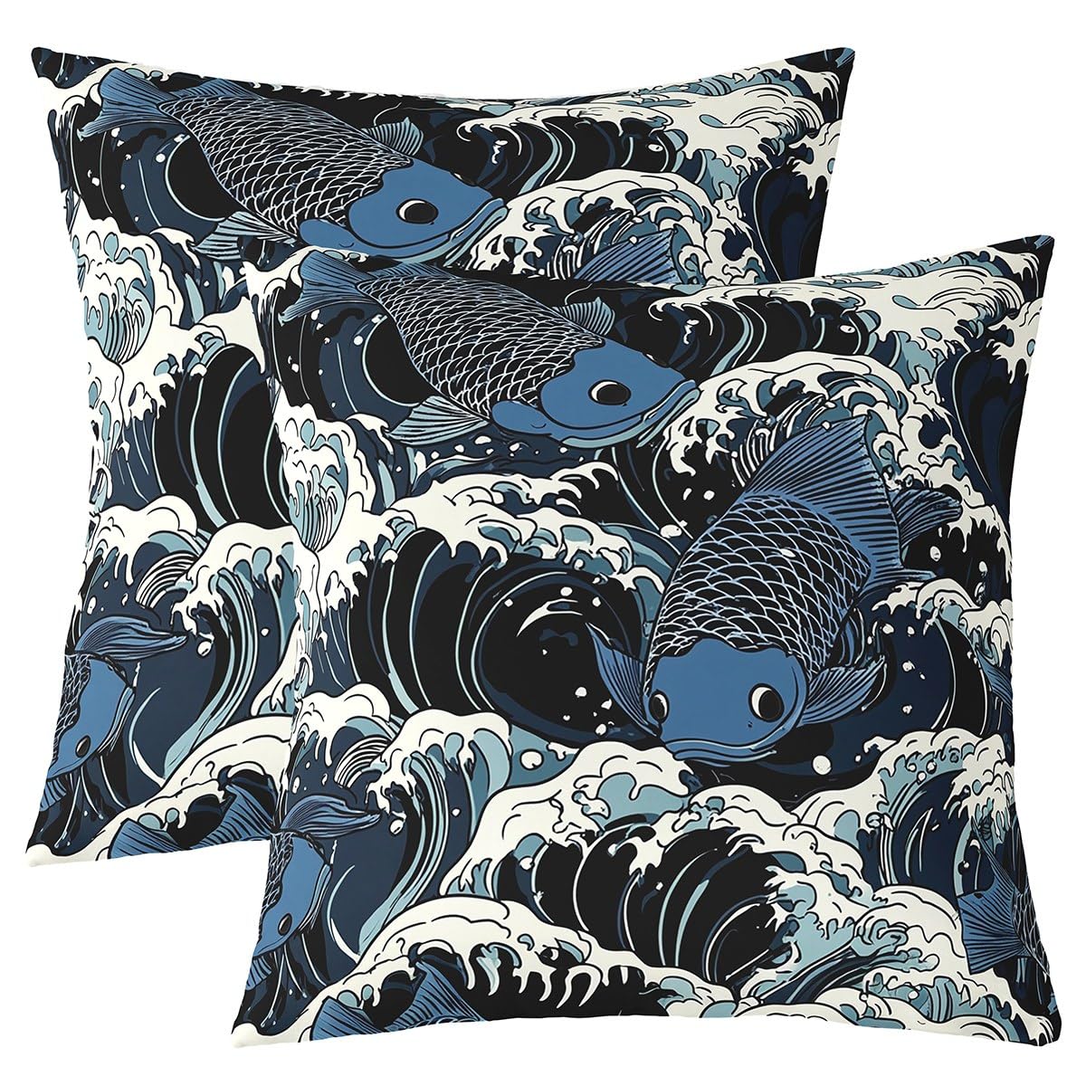Homemissing Japanese Ukiyoe Cushion Covers Set of 2 45x45cm For Sofa Couch Chair Kids Boys Girls Adults Japanese Style Pillow Covers Sed Waves Fish Carp Print Cushion Case Hokusai Pattern Pillow Cases โ image 1