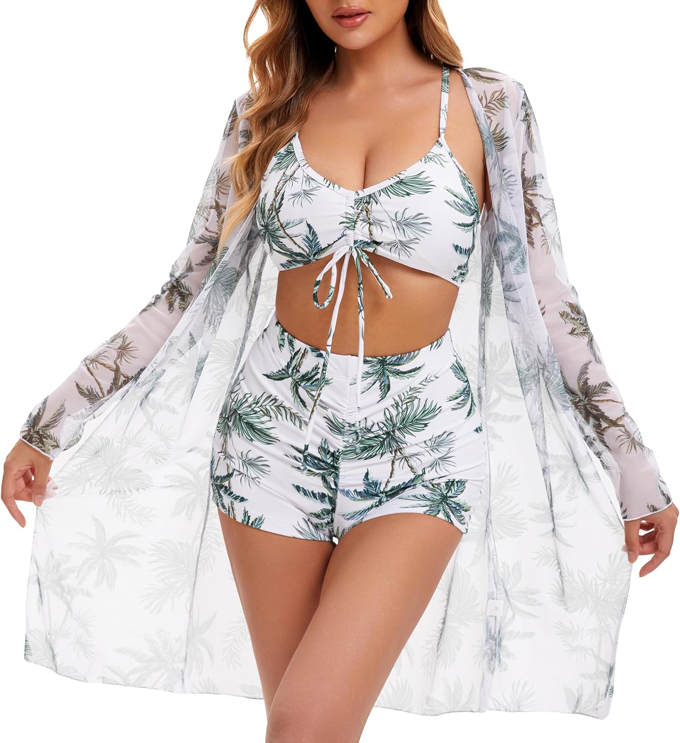Yknktstc Womens 3 Pieces Bikini Set Swimsuit Tropical Beach Cover up Kimono Swimwear Bathing Suit with Boy Shorts