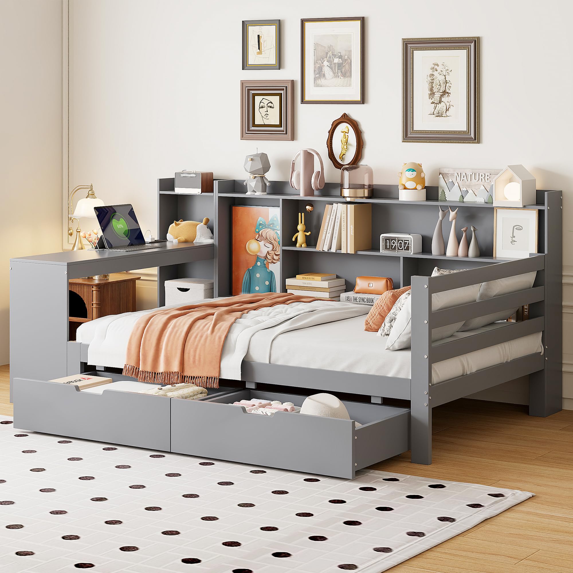 Wielofunkcyjna sofa z funkcją spania z litego drewna z wbudowanym biurkiem, gniazdkiem i miejscem do przechowywania – zajmuje mało miejsca 90 x 200 cm, w kolorze szarym do salonu, pokoju gościnnego