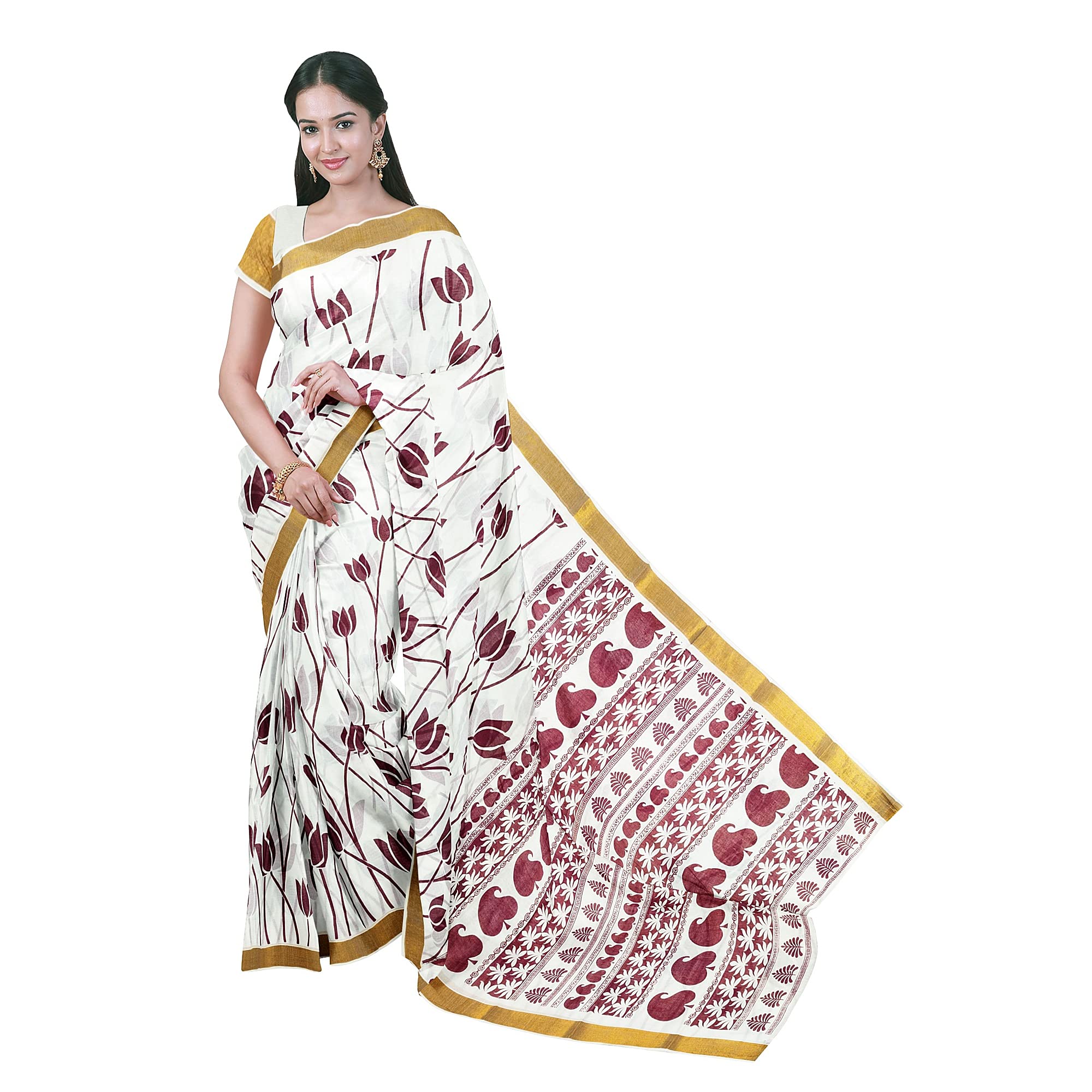 SAT SAREES Women's Kerala Printed Pure Cotton Saree With Blouse Piece_SAT07
