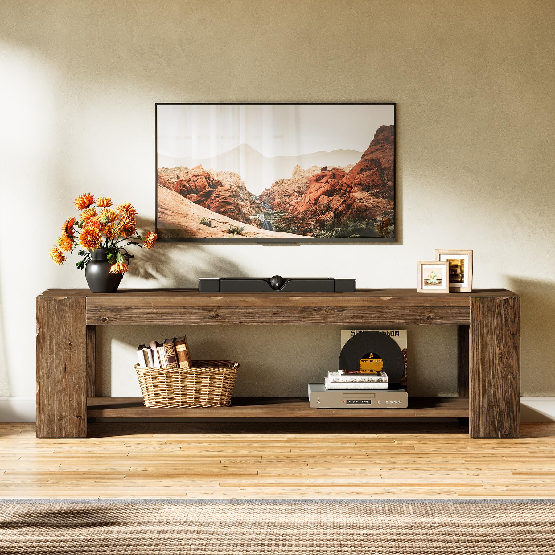 Meuble bas en bois massif marron rustique 140 cm
