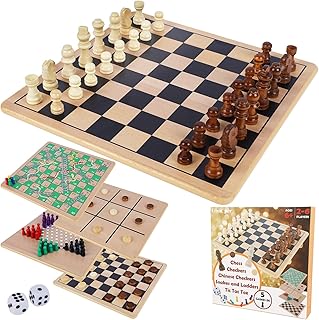 Glintoper 5-in-1 Wooden Board Game with 2 Reversible Boards for Chess, Checkers, Chinese Checkers, Snakes and Ladders, Tic Tac Toe, Tabletop Combo Classic Portable Board Games for Kids to Adult