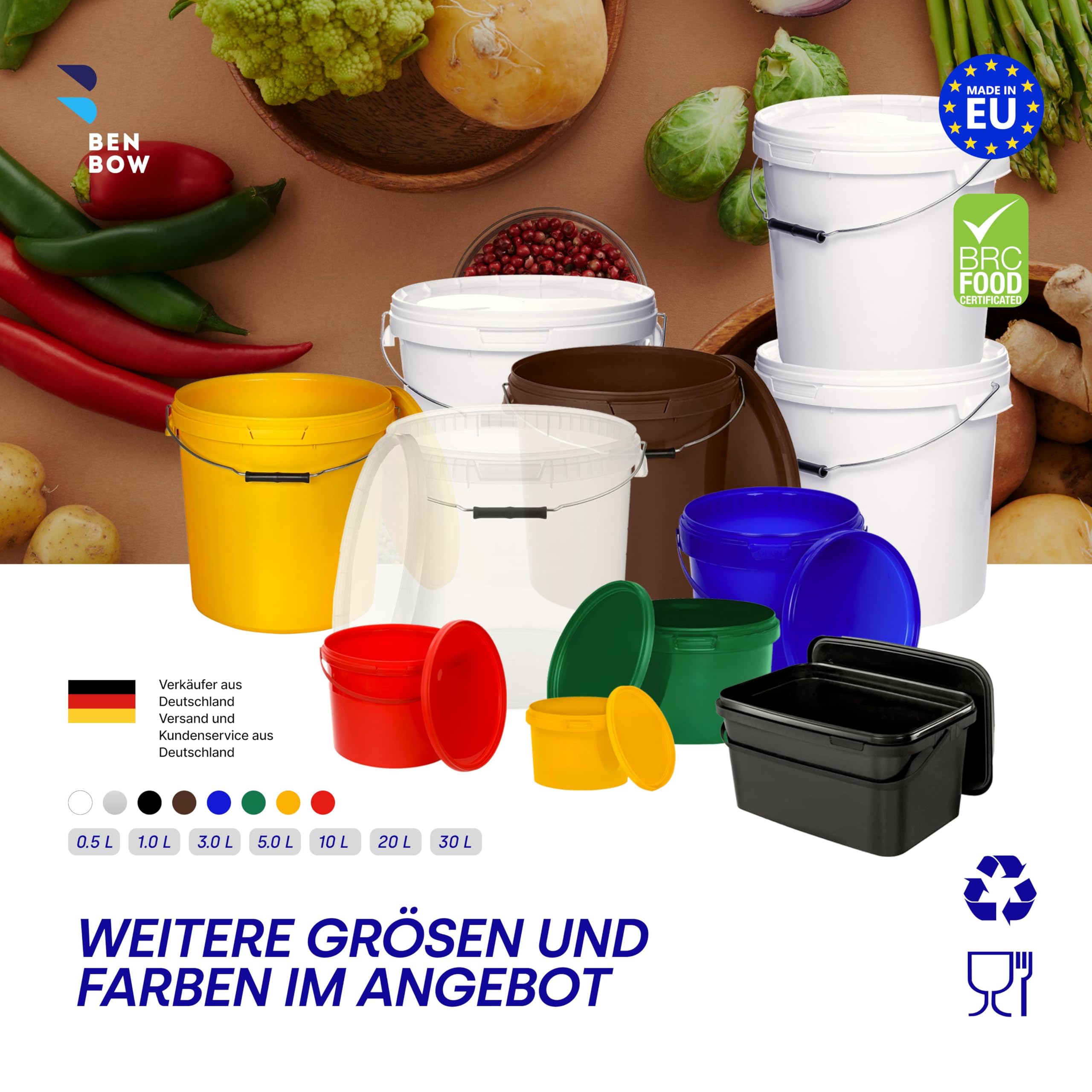 BenBow Eimer mit Deckel 10l weiß 5X 10l - lebensmittelecht, stabil, luftdicht, auslaufsicher, geruchsneutral - Aufbewahrungsbehälter aus Kunststoff, mit Henkel - lee