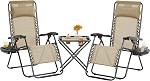 Yaheetech 3PCS Zero Gravity Recliner Portable Outdoor Reclining Chair Set w/Side Table Folding Chaise Lounge Chairs for Patio Beach Deck Garden Pool Beige