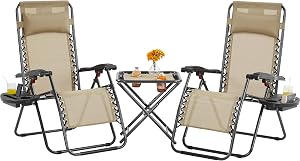 Yaheetech 3PCS Zero Gravity Recliner Portable Outdoor Reclining Chair Set w/Side Table Folding Chaise Lounge Chairs for Patio Beach Deck Garden Pool Beige