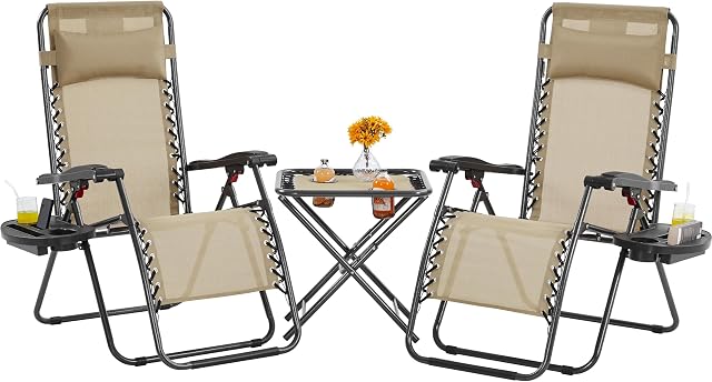 Yaheetech 3PCS Zero Gravity Recliner Portable Outdoor Reclining Chair Set w/Side Table Folding Chaise Lounge Chairs for Patio Beach Deck Garden Pool Beige