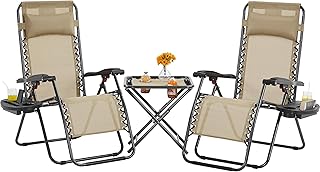 Yaheetech 3PCS Zero Gravity Recliner Portable Foldable Outdoor Sunlounger Table Set w/Pillow & Carry Strap for Patio Deck Garden Pool Beige