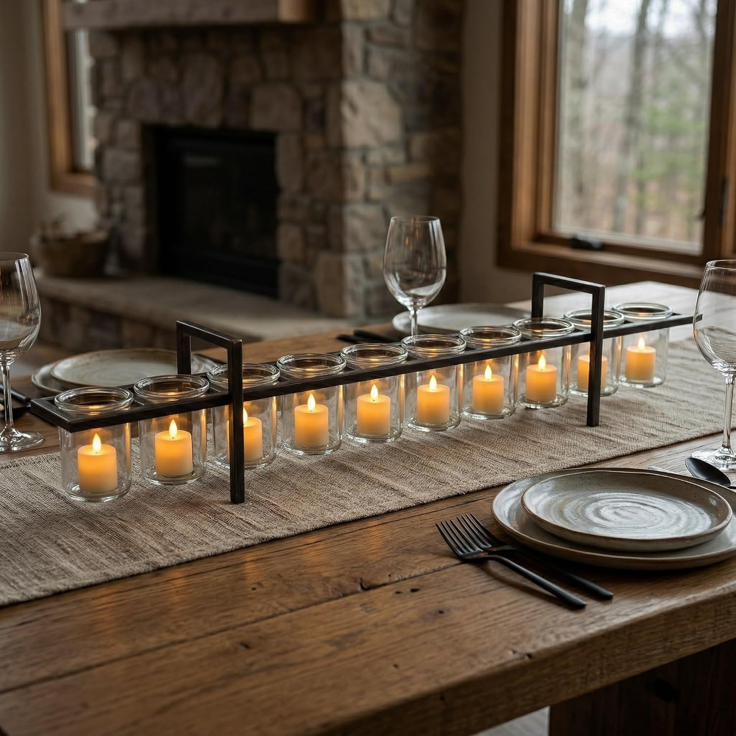 Seraphic Centerpieces for Tables, Round Dining Room Table Decor, 11.75 Inch | Wrought Iron 6 Cup Candelabra, Rustic Tabletop Floating Glass Candle Holder, Modern Black with Gold Brush, 11.75" Wide