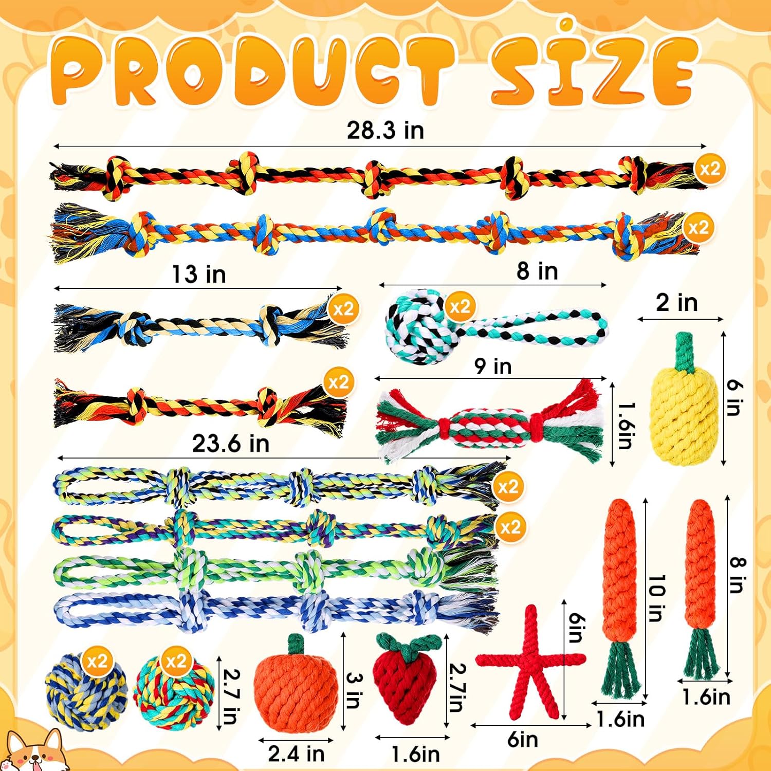27 Pack Dog Rope Toys for Aggressive Chewers, Heavy Duty Teething Chew and Tug Toy Set for Medium and Large Dogs, Puppy Toys with Fun Fruit & Cartoon Shapes