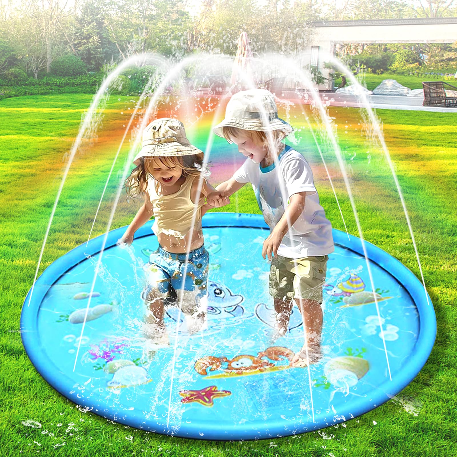 LURNODY Piscina per Bambini 100 CM/39 Pollici Tappeto Gioco D'Acqua per Sprinkler Giocattolo per Bambini, Giochi Acquatici Estivi All'Aperto Adatti A Dai 3 Ai 12 Anni (Blu)