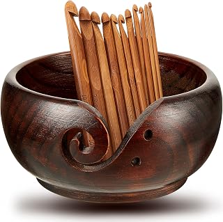 Wooden Yarn Bowl Crocheting Bowl Round Knitting Wool Storage Yarn Bowl Handmade with Holes 12 Pieces Crochet Hooks for Crocheting Knitting DIY Crafts Tools (Dark Brown,7 x 7 x 3 Inch)