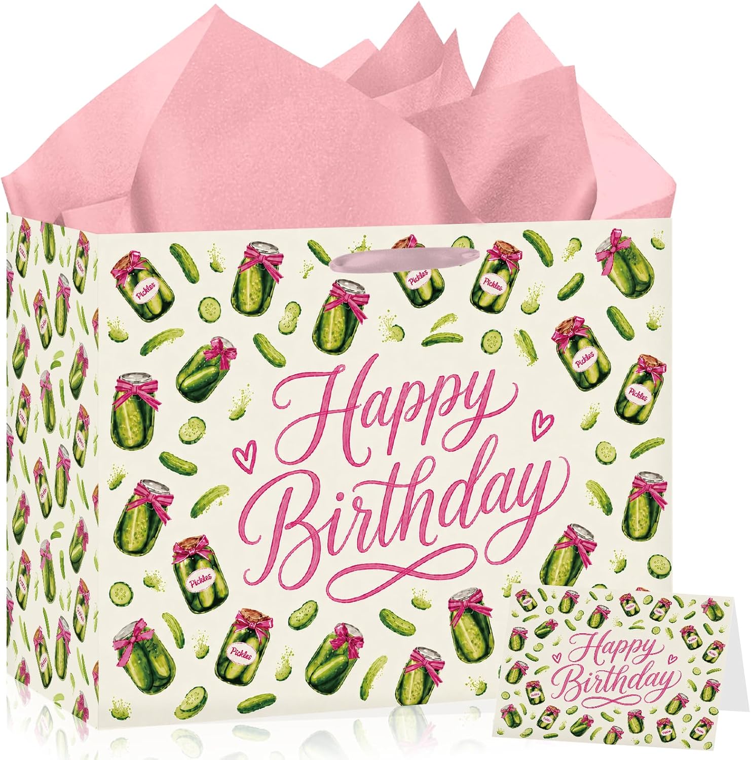 Pickle Happy Birthday Gift Bag Pink Green Funny Pickle Theme Wrapping with Tissue Paper Card for Girls Women Fruit Vegetable Cucumber Baby Shower Wedding Party Favors Birthday Gift Wrap Bag Supplies