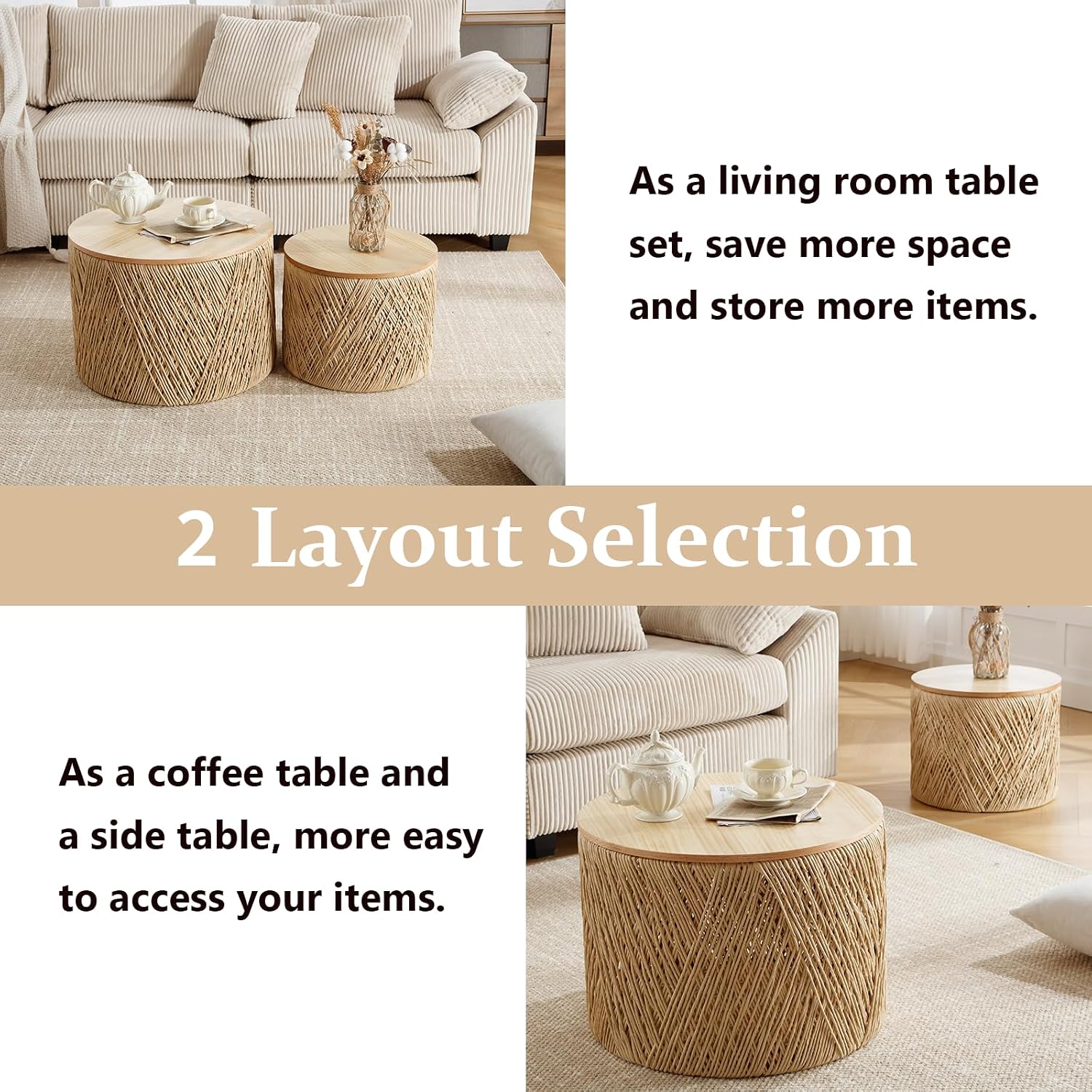 Kmax 24" Round Wood Nesting Coffee Table Set of 2 Handcraft Woven & Rope Rattan Sofa Tables Both with Storage Drum End Side Table for Small Space Living Room No Assembly Needed, Natural Color