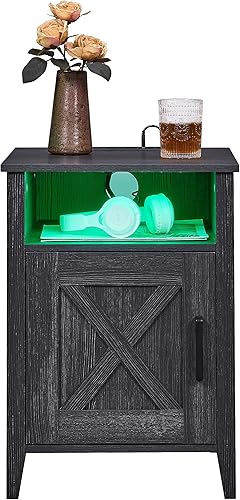 Miniatura 9 de Mesita de noche con tira de luces LED y estación de carga, juego de 2, mesa auxiliar estilo granja con puerta de granero y estante, mesita de noche