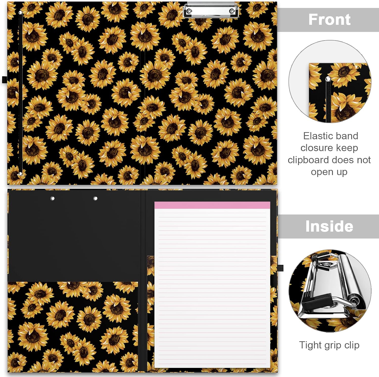 PULAIXIN Clipboard Folio with Refillable Lined Notepad and Interior Storage Pocket for Students,Classroom,Office,Women,Man,Cute Custom Pattern,Size 12.8" x 9.2", Sunflowers