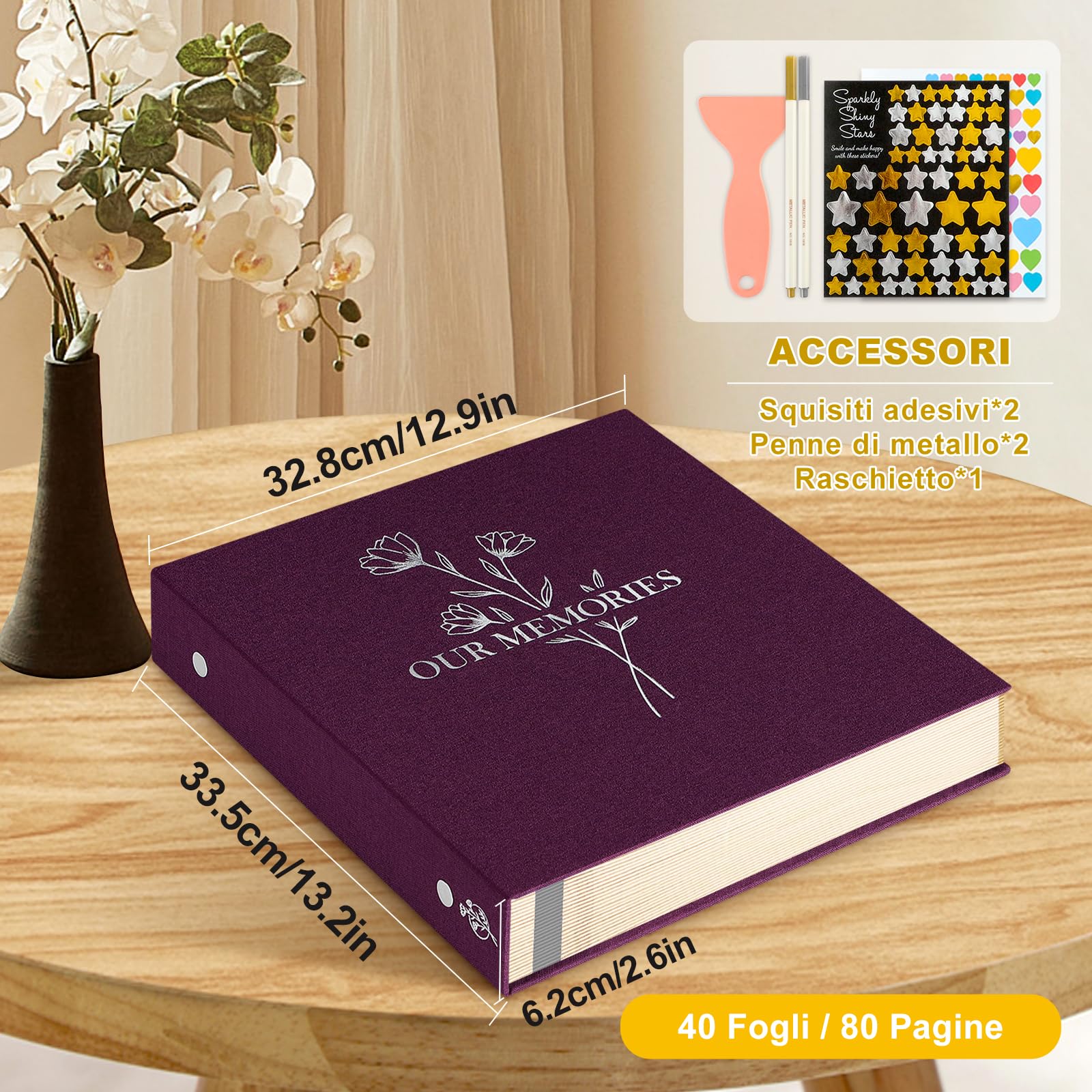 Lanpn Album fotografico autoadesivo, Grandi OURMEMORIES album di foto in lino pagine magnetiche appiccicose, contiene diverse dimensioni 10x15cm 13x18cm immagini A4 A5 (40 fogli / 80 pagine, Viola)