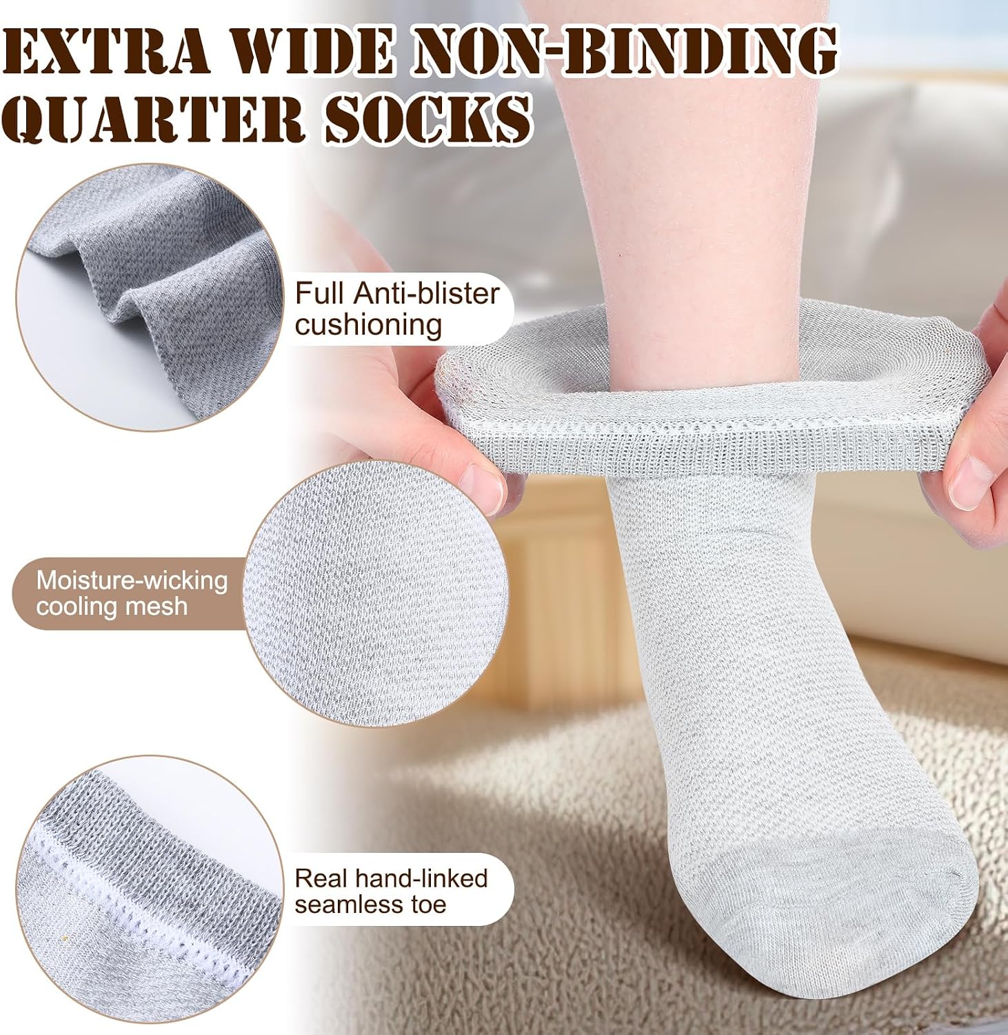 Twistover 5 Pairs Men's Extra Wide Thin Diabetic Ankle Socks Plus Size Wide Non-Binding Ankle Bariatric Quarter Socks Summer Breathable Lymphedema Stocking for Edema Swollen & Pregnancy Feet