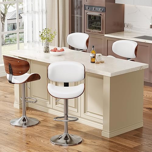 Miniatura 7 de Juego de 3 taburetes de bar giratorios de altura ajustable de madera curvada, silla de bar tapizada en piel sintética con respaldo y reposapiés para