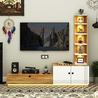 Anikaa KLYRA Modern Floor Standing TV Unit Cabinet with LED Spot & Strip Light Display Shelves & Dual Door Storage (Giantwood/White) | Ideal for up to 55 Inch TV | DIY Installation